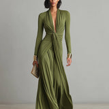 Violette – Robe Maxi en Soie Olive Col V Profond