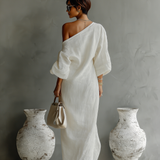 Isabelle – Robe Maxi en Lin Ivoire Épaule Dénudée