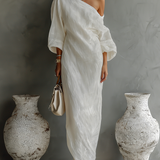 Isabelle – Robe Maxi en Lin Ivoire Épaule Dénudée