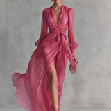 Amélie – Robe Maxi en Mousseline Rose Col V