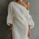 Isabelle – Robe Maxi en Lin Ivoire Épaule Dénudée