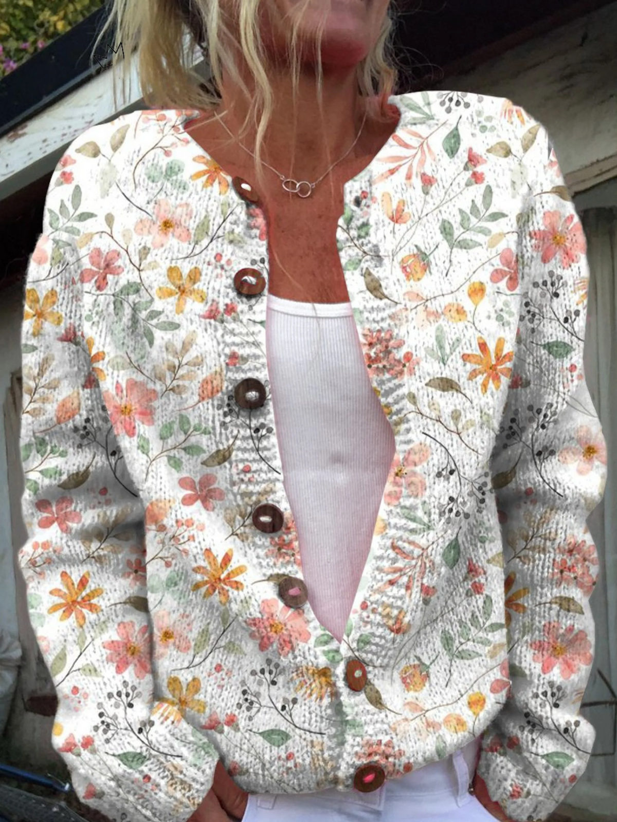 Greta | Cardigan Tricoté Fleuri Vintage