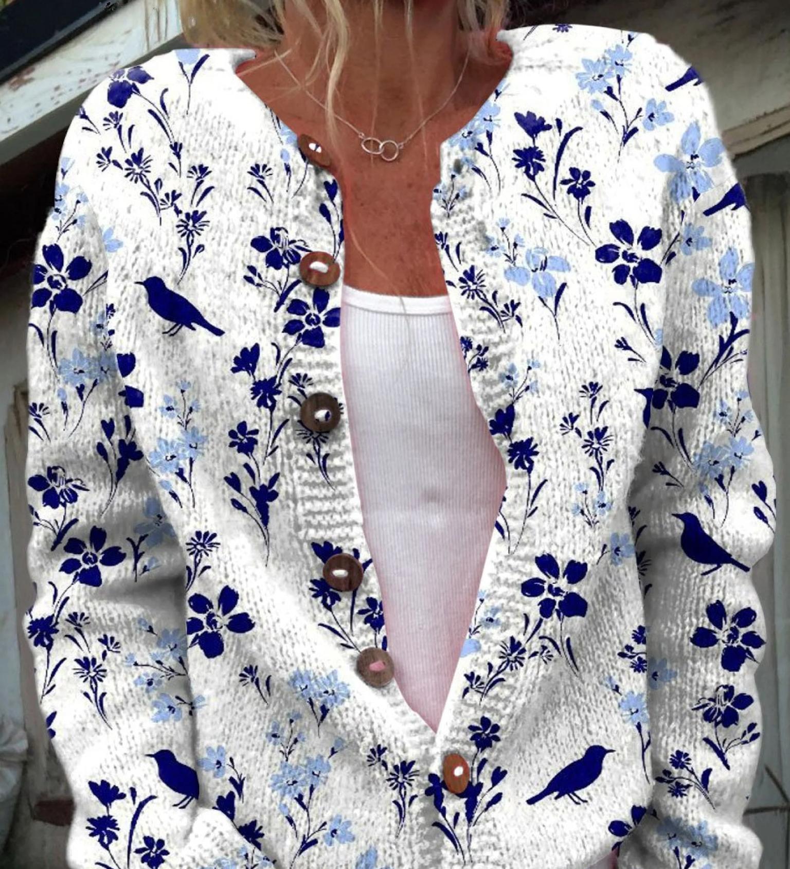Vynora | Cardigan Boutonné Fleuri Vintage à Motif d'Oiseaux