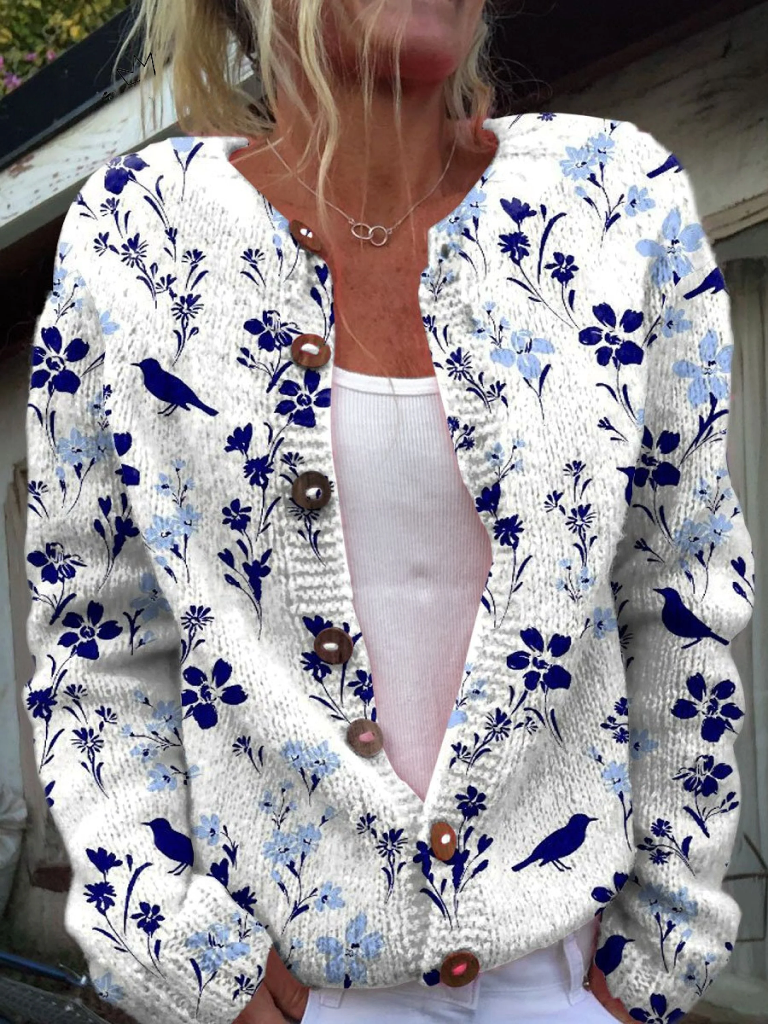 Vynora | Cardigan Boutonné Fleuri Vintage à Motif d'Oiseaux