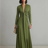 Violette – Robe Maxi en Soie Olive Col V Profond