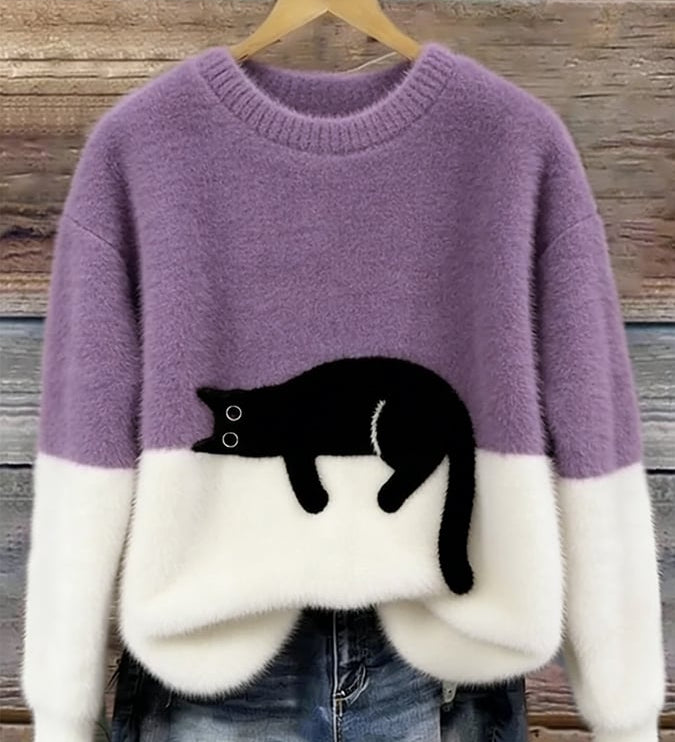 Fleur | Pull Motif Chat en Melange de Laine