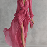 Amélie – Robe Maxi en Mousseline Rose Col V