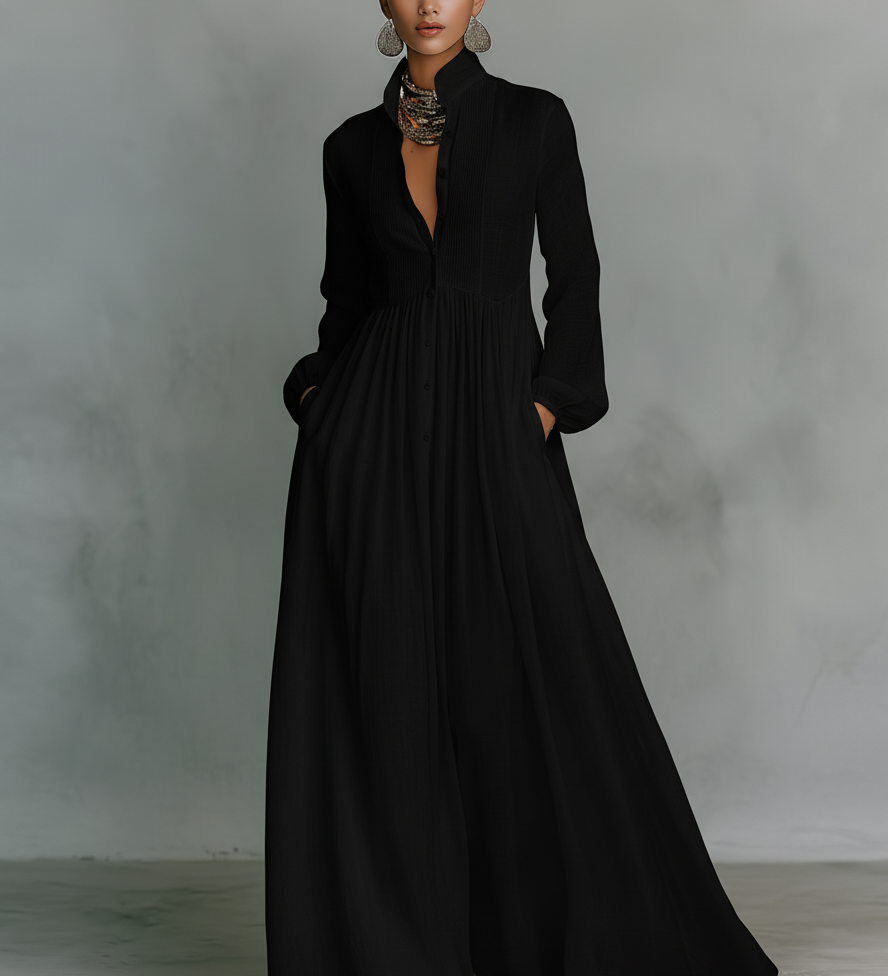 Élise – Robe Maxi en Lin Patchwork Col Montant