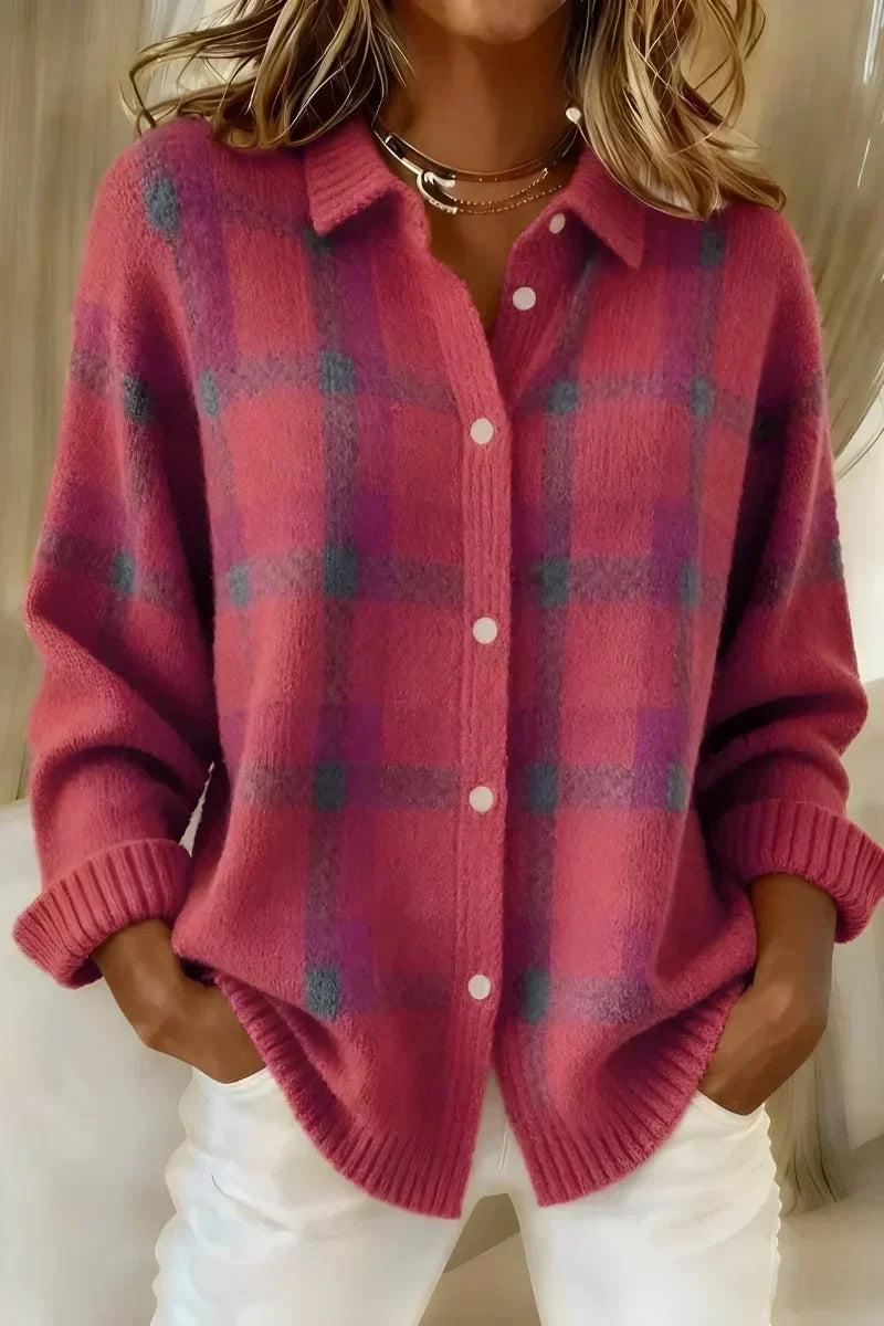 Renée | Cardigan à Carreaux Classique à Col