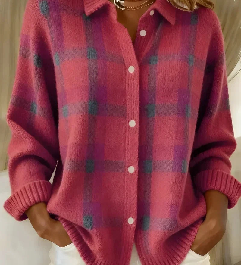 Renée | Cardigan à Carreaux Classique à Col