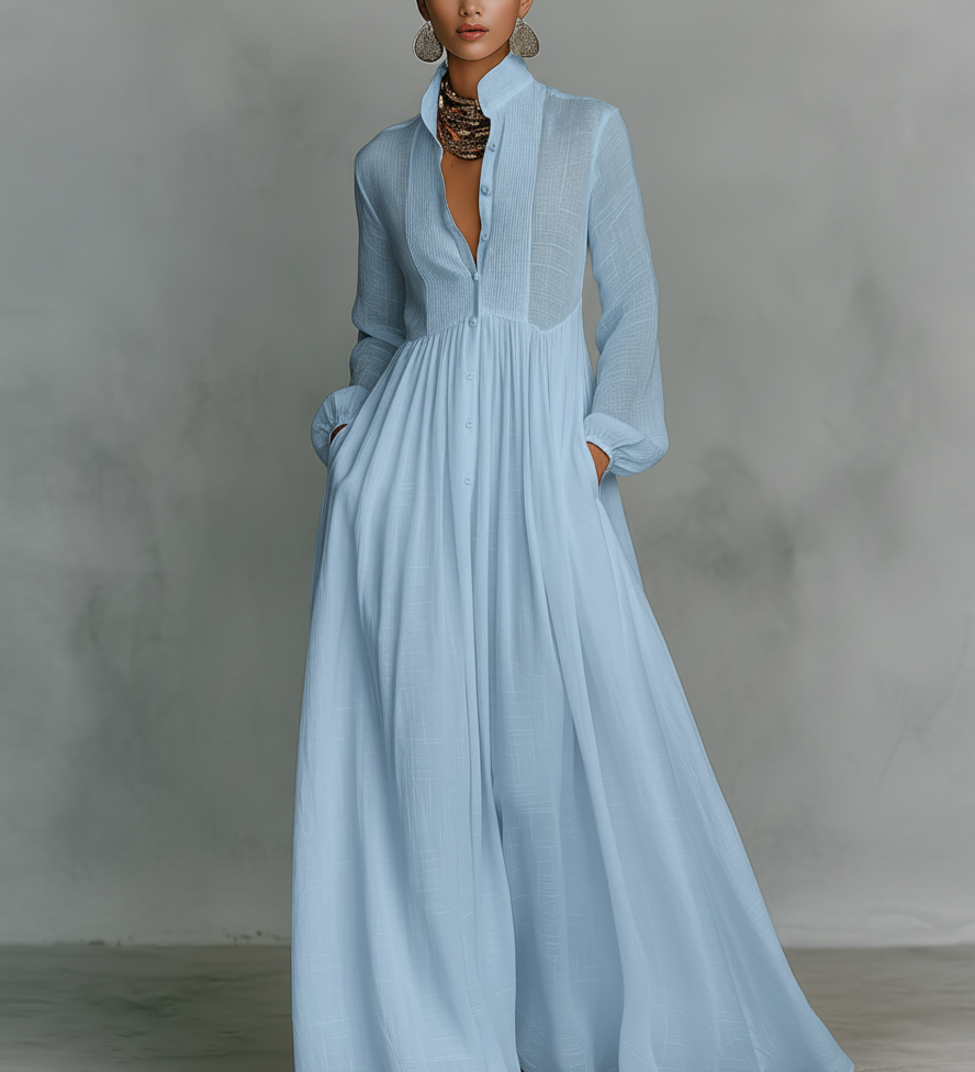 Élise – Robe Maxi en Lin Patchwork Col Montant
