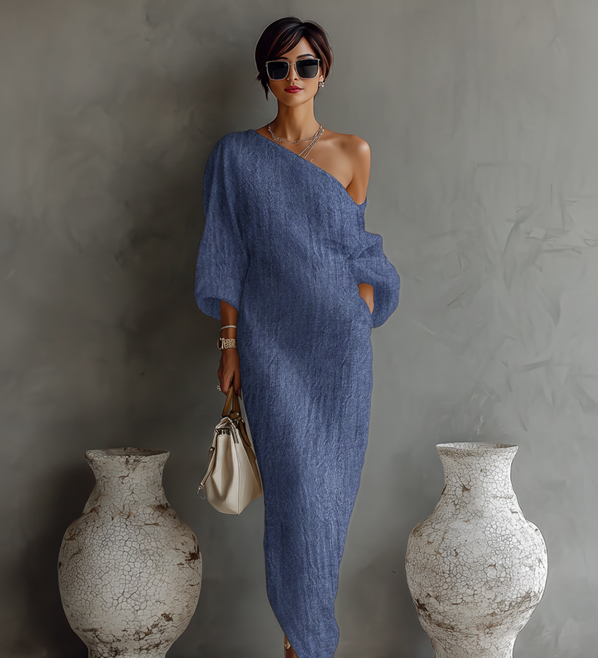 Isabelle – Robe Maxi en Lin Ivoire Épaule Dénudée