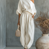 Victoire – Robe Maxi en Lin Blanc Cassé Épaule Dénudée