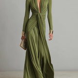 Violette – Robe Maxi en Soie Olive Col V Profond