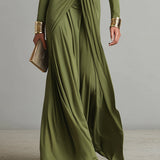 Violette – Robe Maxi en Soie Olive Col V Profond