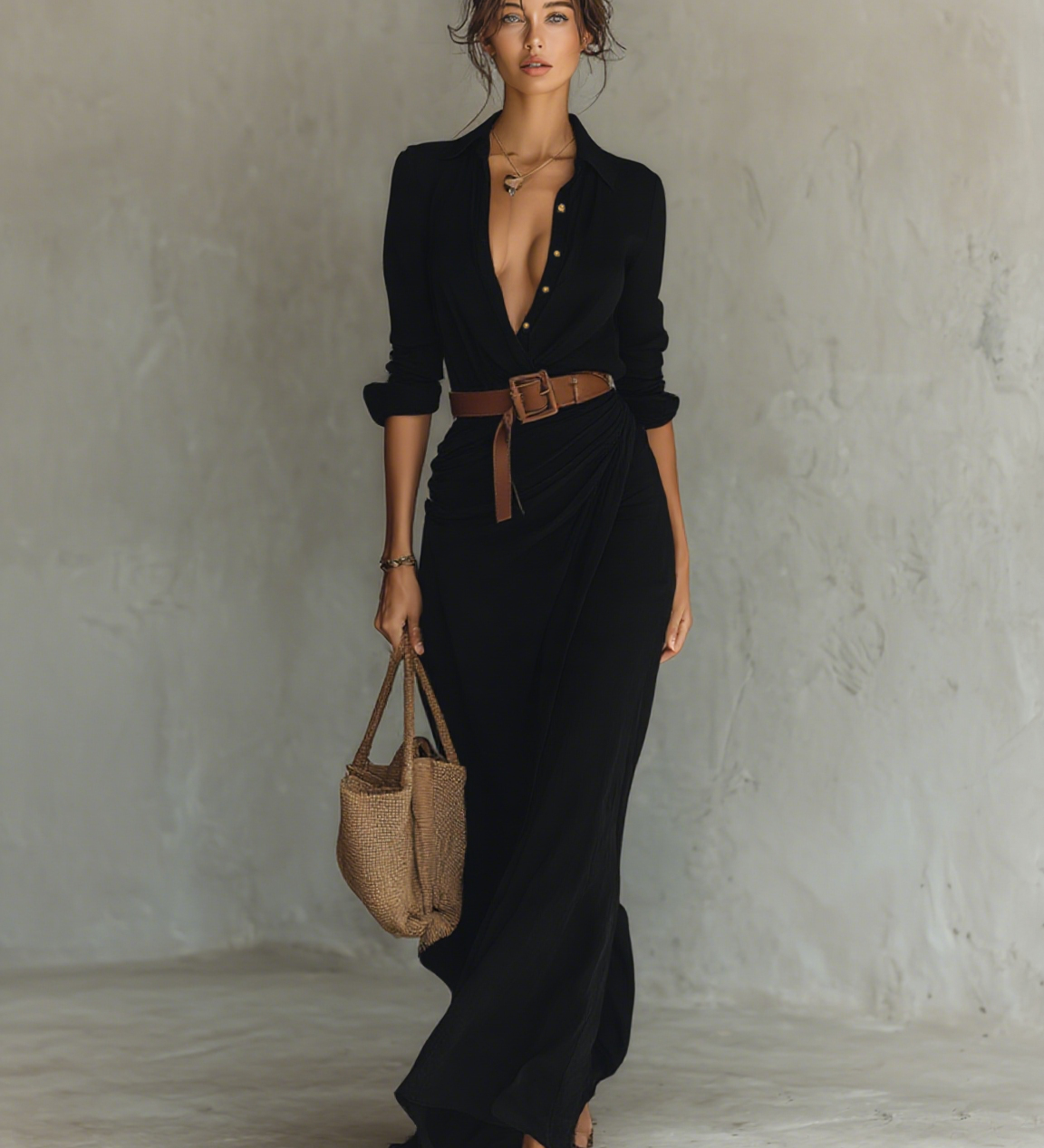 Juliette – Robe Maxi Col Revers Manches Longues