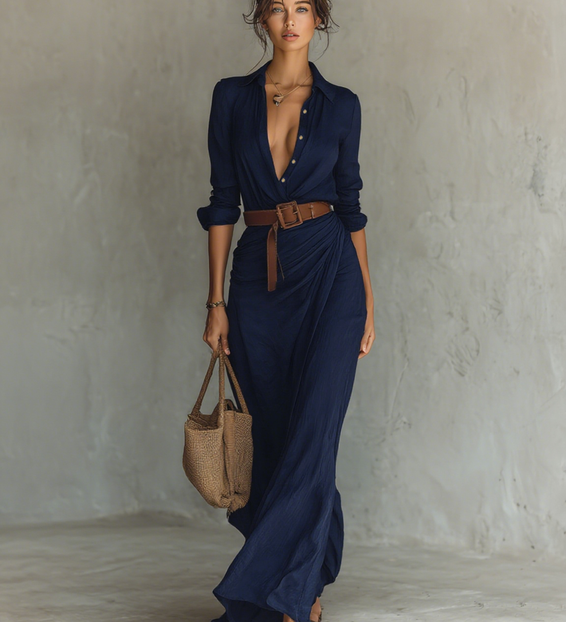 Juliette – Robe Maxi Col Revers Manches Longues