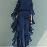 Marine – Robe Maxi Mousseline Bleu Marine avec Volants