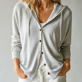 Cardigan Gris Clair à Capuche et Boutons