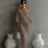 Isabelle – Robe Maxi en Lin Ivoire Épaule Dénudée
