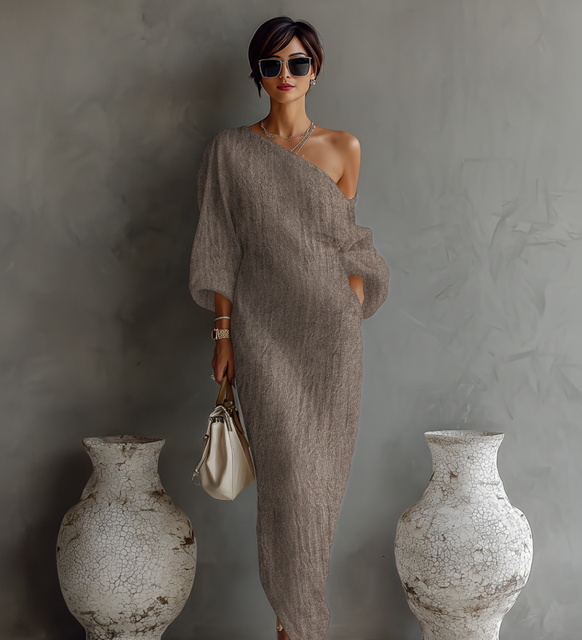 Isabelle – Robe Maxi en Lin Ivoire Épaule Dénudée