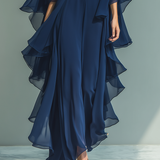 Marine – Robe Maxi Mousseline Bleu Marine avec Volants