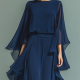 Marine – Robe Maxi Mousseline Bleu Marine avec Volants