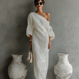 Isabelle – Robe Maxi en Lin Ivoire Épaule Dénudée