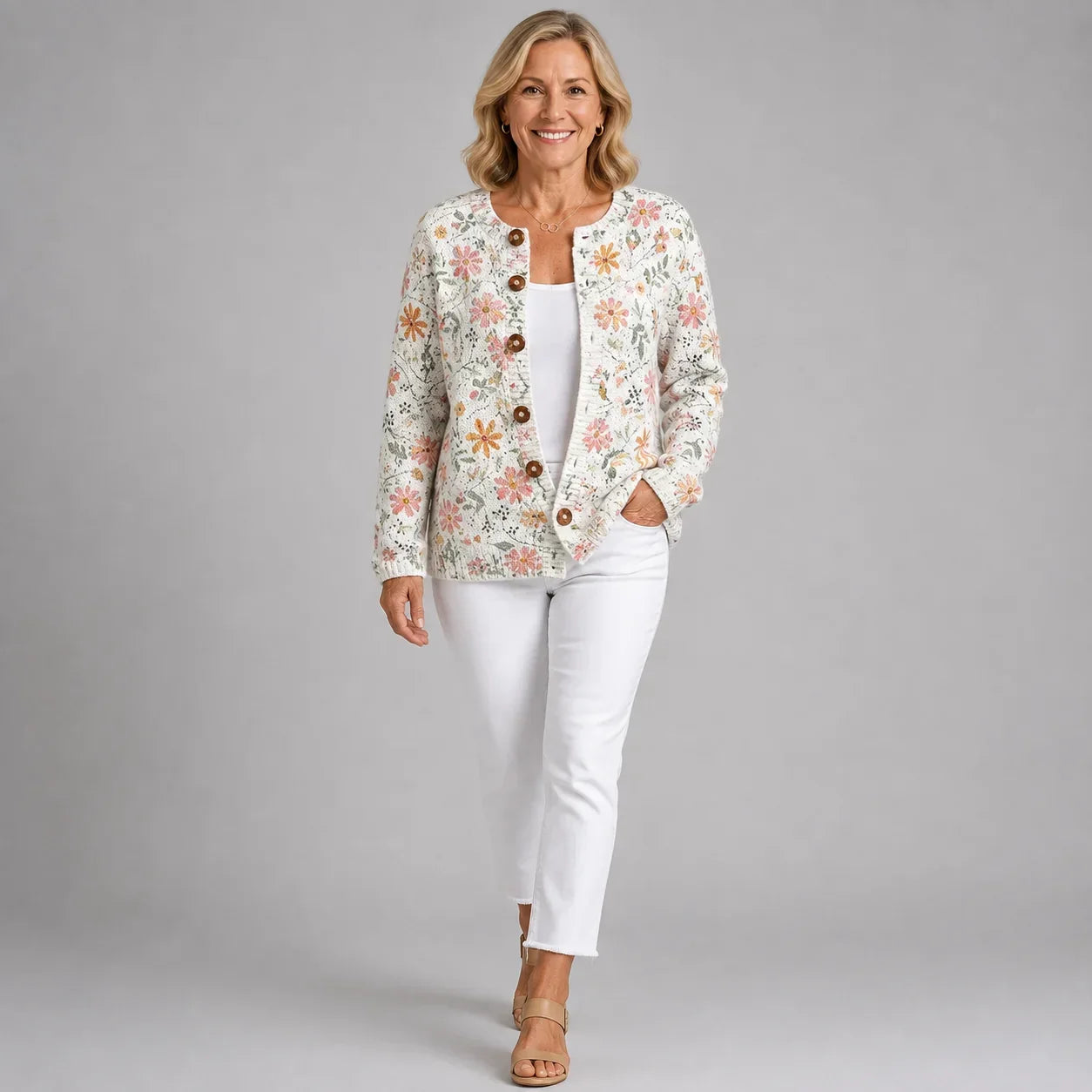 Greta | Cardigan Tricoté Fleuri Vintage