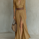 Margot – Robe Maxi en Lin Col Revers Manches Longues