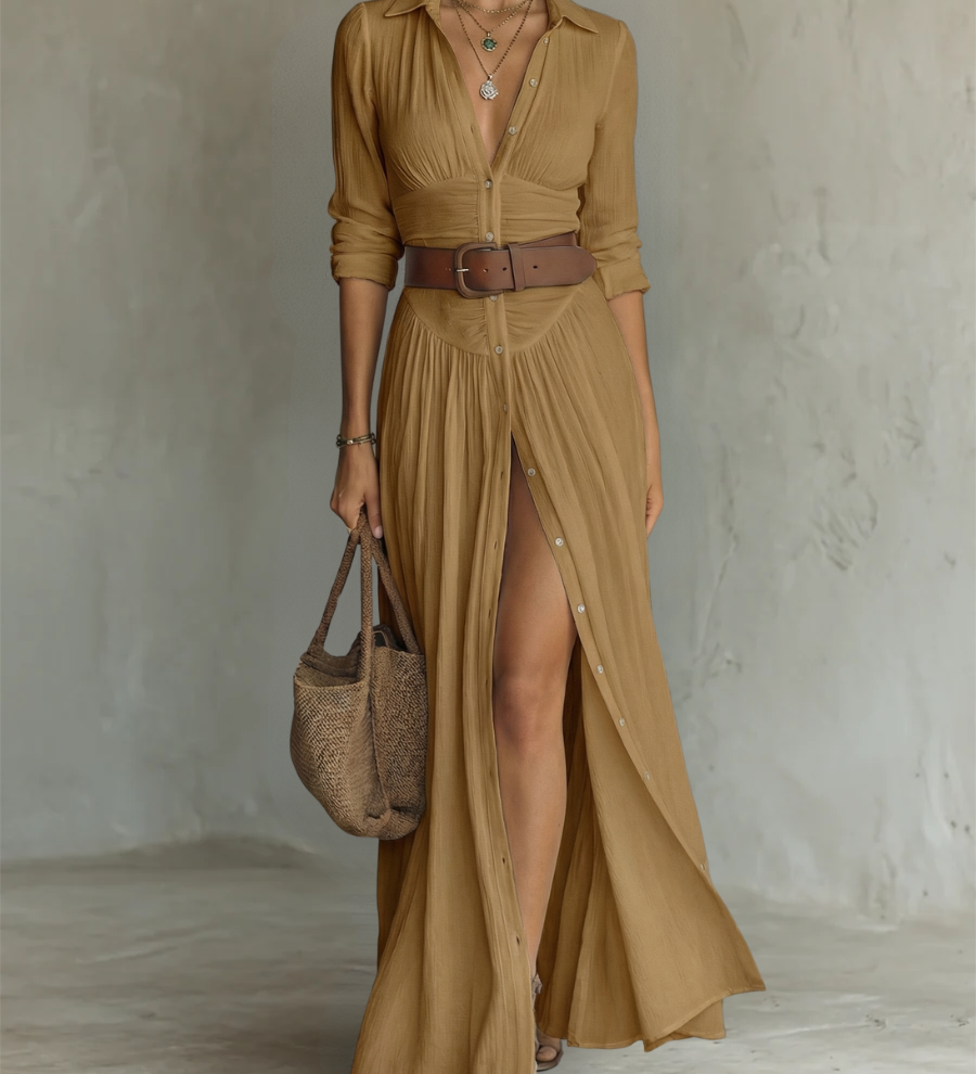 Margot – Robe Maxi en Lin Col Revers Manches Longues