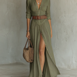 Margot – Robe Maxi en Lin Col Revers Manches Longues