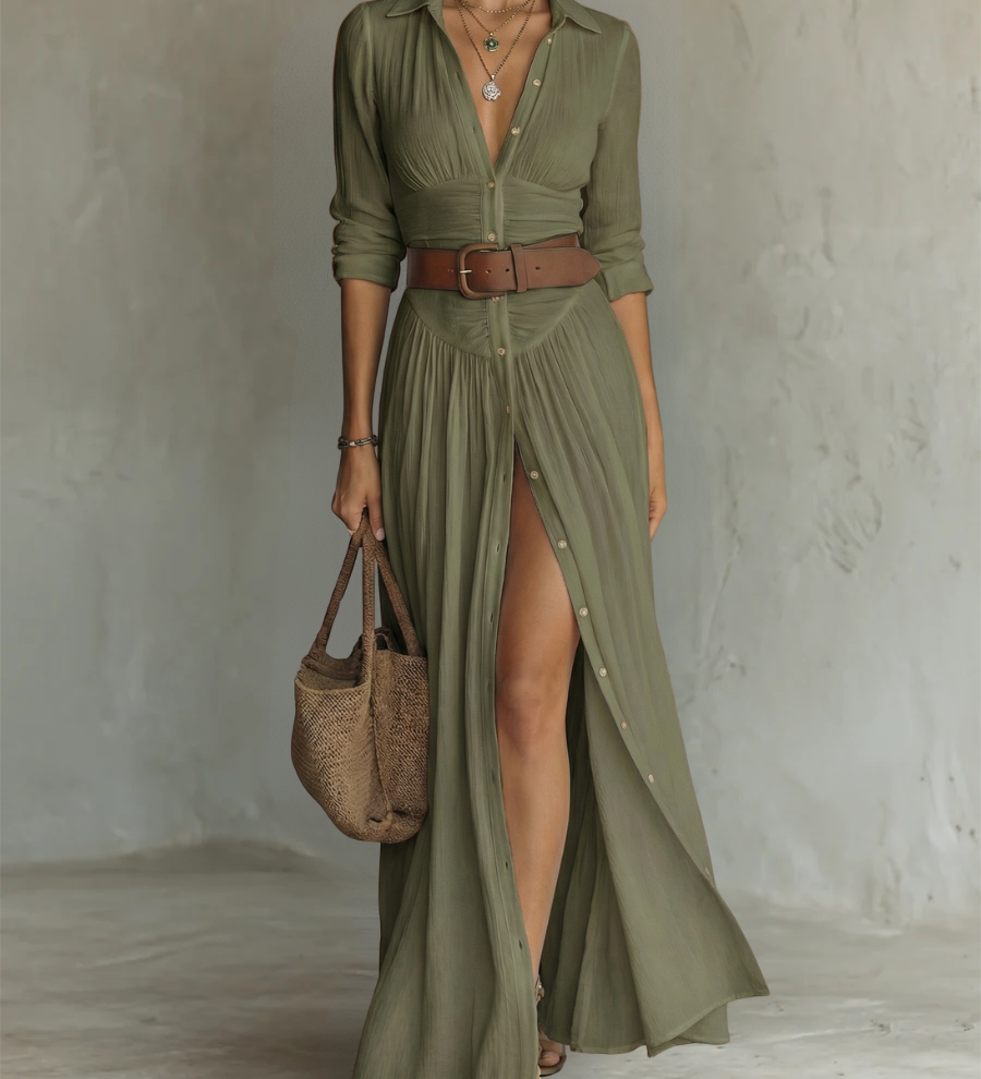 Margot – Robe Maxi en Lin Col Revers Manches Longues