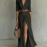 Margot – Robe Maxi en Lin Col Revers Manches Longues
