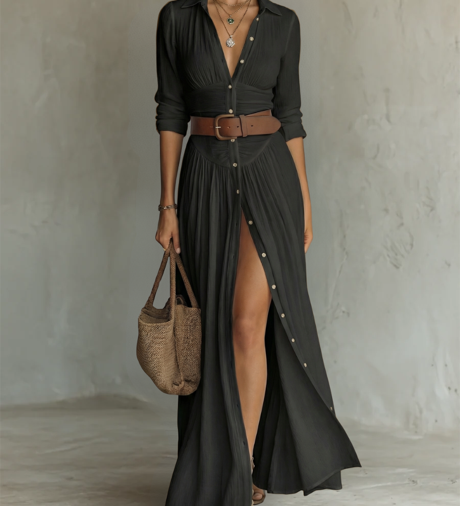Margot – Robe Maxi en Lin Col Revers Manches Longues
