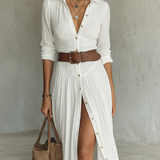 Sophie – Robe Maxi Plissée en Lin Blanc