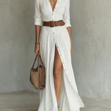 Margot – Robe Maxi en Lin Col Revers Manches Longues