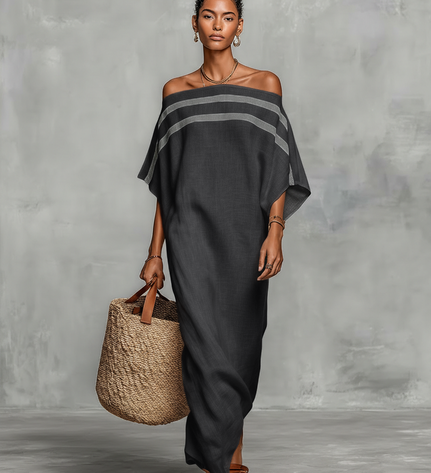 Solène – Robe Maxi en Lin Minimaliste Épaule Dénudée