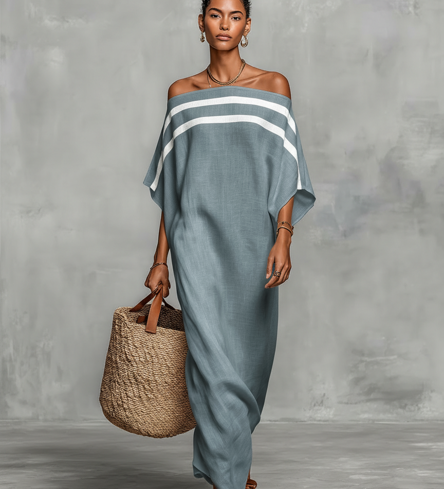 Solène – Robe Maxi en Lin Minimaliste Épaule Dénudée