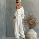 Victoire – Robe Maxi en Lin Blanc Cassé Épaule Dénudée