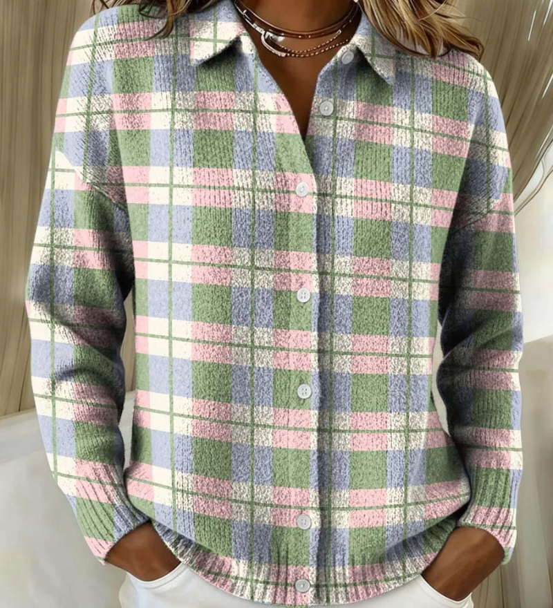 Simone | Cardigan à Carreaux Pastel Boutonné