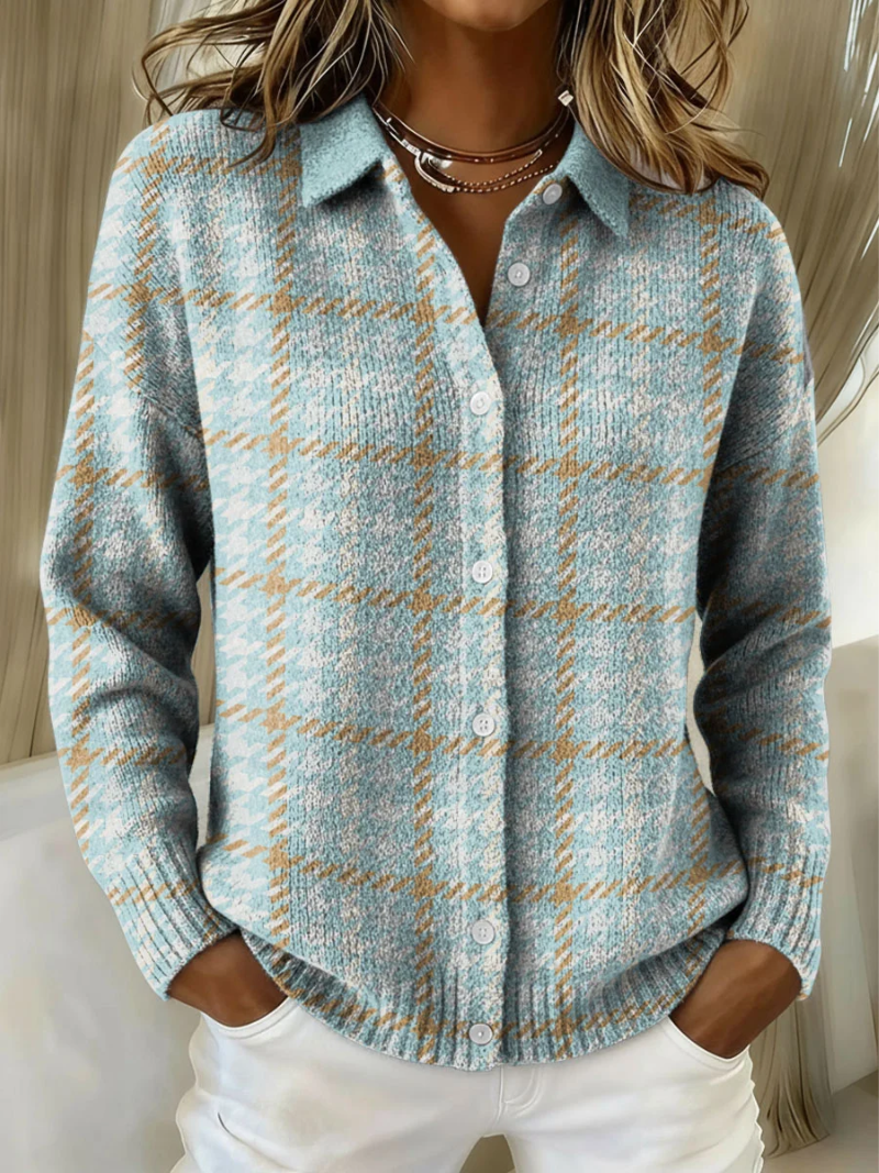 Yvonne | Cardigan à Carreaux Bleu Ciel Boutonné