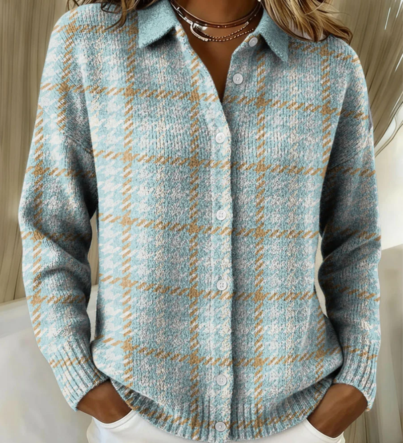 Yvonne | Cardigan à Carreaux Bleu Ciel Boutonné