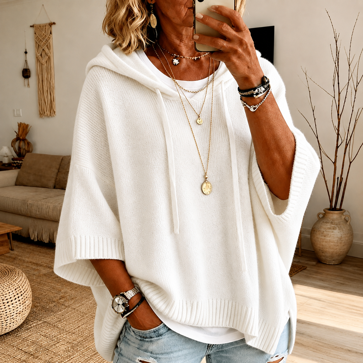 Élise – Pull Poncho Blanc