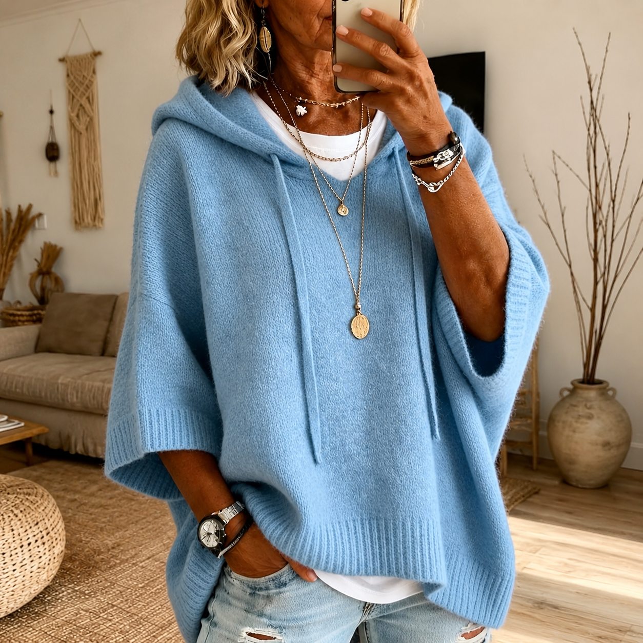 Léa – Pull Poncho Bleu Ciel