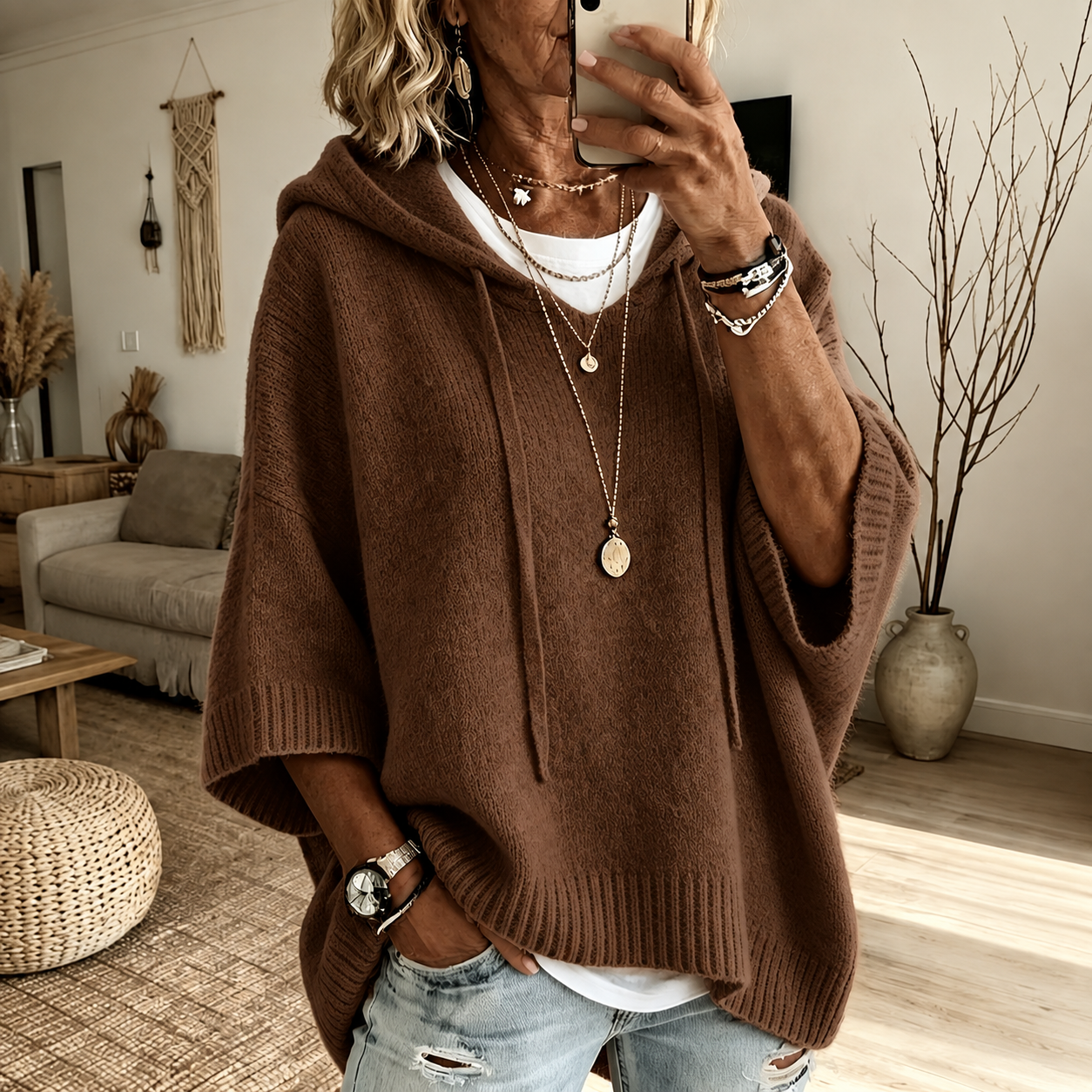 Louise – Pull Poncho Marron