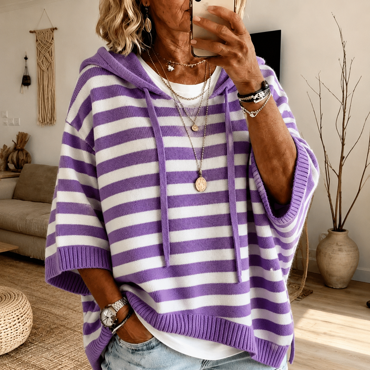 Anaïs – Pull Poncho Rayé Violet