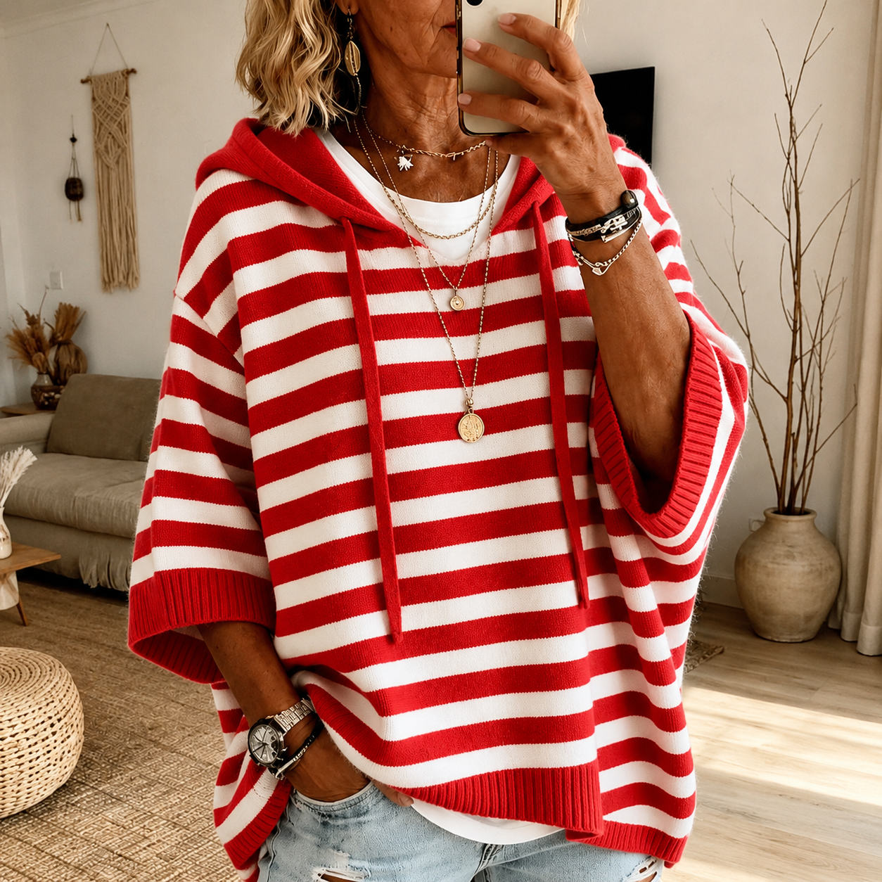 Charlotte – Pull Poncho Rayé Rouge