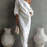 Isabelle – Robe Maxi en Lin Ivoire Épaule Dénudée
