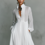 Élise – Robe Maxi en Lin Patchwork Col Montant